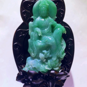 “Royal Green” Jadeite Statue of Guanyin in Royal Ease Pose